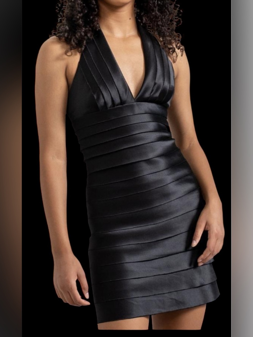 BCBGMaxAzria Black Satin Pleated Layered sleeveless cocktail Dress Sz 12